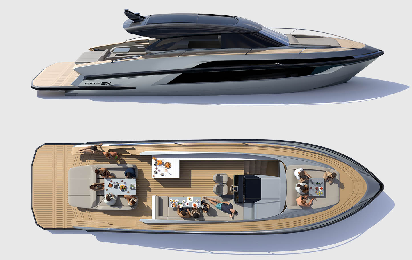 Focus 5X deck and side profile of yacht 50ft